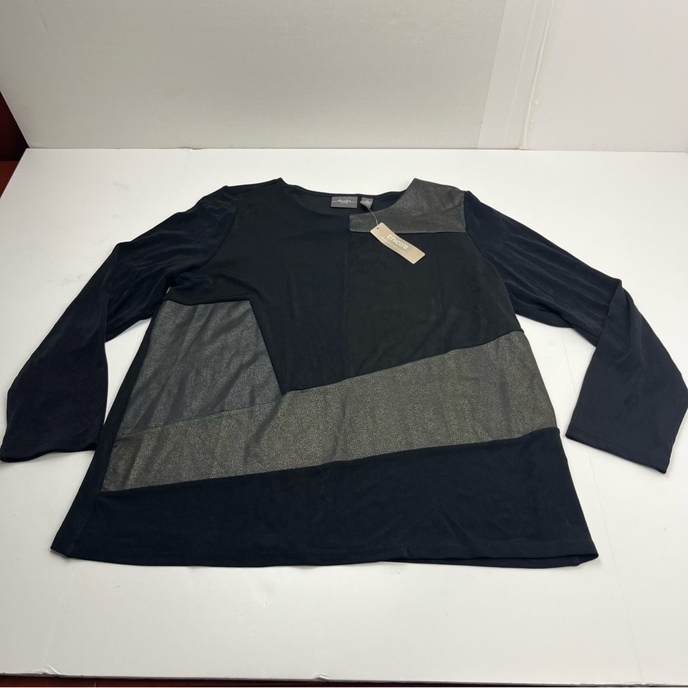 Chico's Travelers Classic Patchwork Detail Top‎ Long Sleeve Black SZ 3 US XL NEW